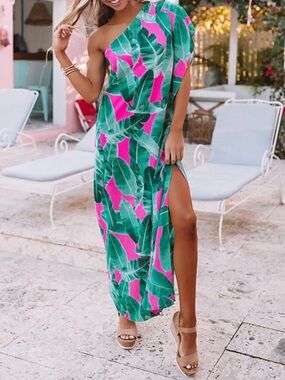 Buddy Love One-Shoulder Tropical Leaf Maxi Dress in Green & Hot Pink